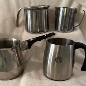 4 Stainless Steel Pots for coffee, expresso, steaming milk, Starbucks.